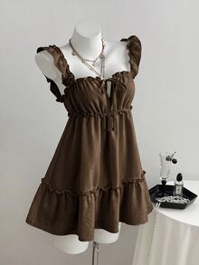 Elamini Women's Summer Sweet Minimalist Sexy Bow Tie Ruffle A-Line Sleeveless Cami Dress - Brown - View 5