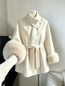 Yalmera Women's Autumn/Winter Raglan Long Sleeve Patchwork Fur Cuff Elegant Overcoat - Apricot - View 4