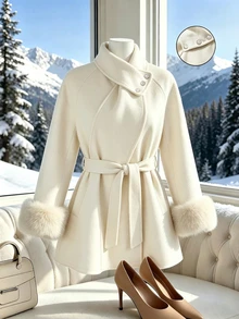 Yalmera Women's Autumn/Winter Raglan Long Sleeve Patchwork Fur Cuff Elegant Overcoat - Apricot - View 3
