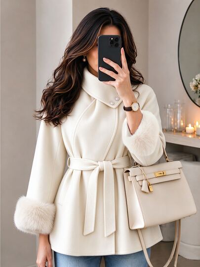 Yalmera Women's Autumn/Winter Raglan Long Sleeve Patchwork Fur Cuff Elegant Overcoat