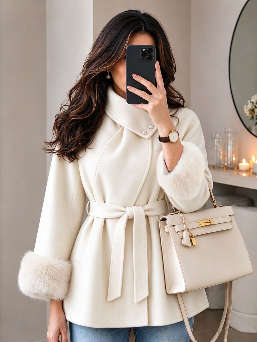 Yalmera Women's Autumn/Winter Raglan Long Sleeve Patchwork Fur Cuff Elegant Overcoat - Apricot - View 1