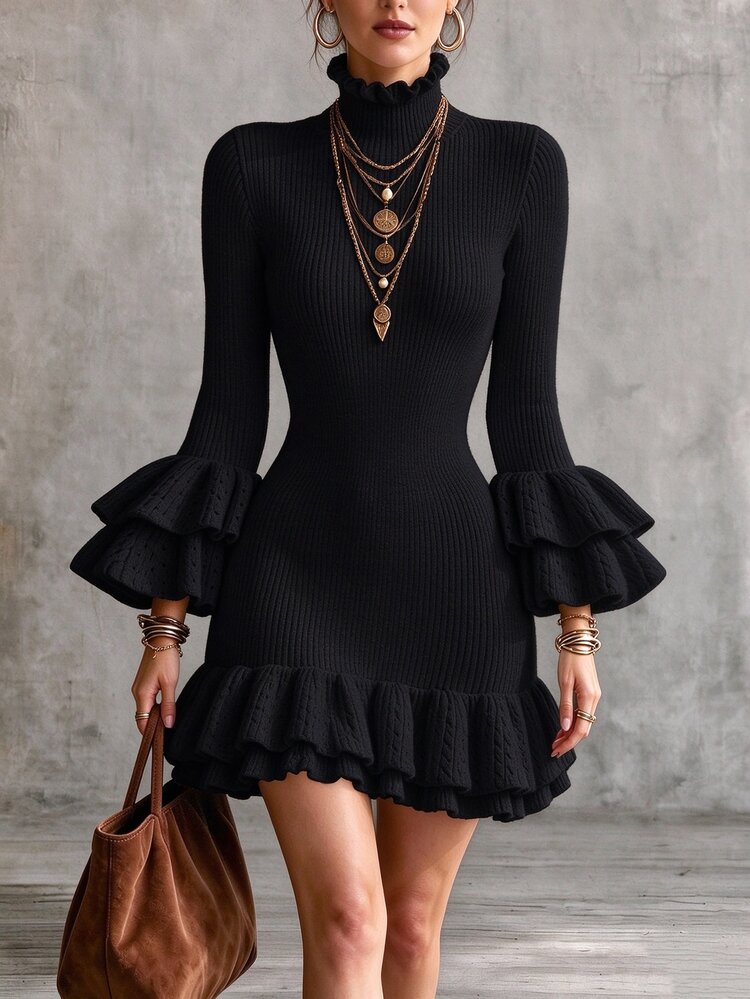 SHEIN Women's Elegant Fashion Petal Sleeve Ruffle Romantic French Style Knit Dress - Black - View 1