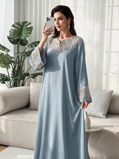 Al Najma Fashionable Applique V-Neck Loose Elegant Dress