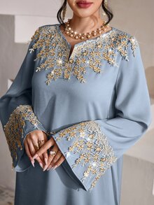 Al Najma 时尚贴花V领宽松优雅连衣裙 - 霧霾藍 - 查看 8