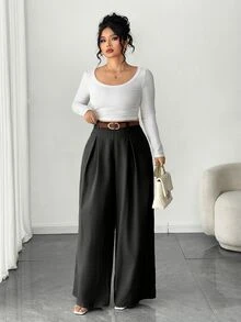 Elenzga Plus Size Women's Wide Leg Pants, Solid Apricot Color, Elegant Style, Fashionable For Commuting And Office Wear Fall - Black - View 4