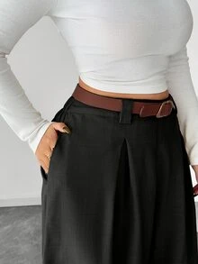 Elenzga Plus Size Women's Wide Leg Pants, Solid Apricot Color, Elegant Style, Fashionable For Commuting And Office Wear Fall - Black - View 6