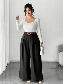 Elenzga Plus Size Women's Wide Leg Pants, Solid Apricot Color, Elegant Style, Fashionable For Commuting And Office Wear Fall - Black - View 1