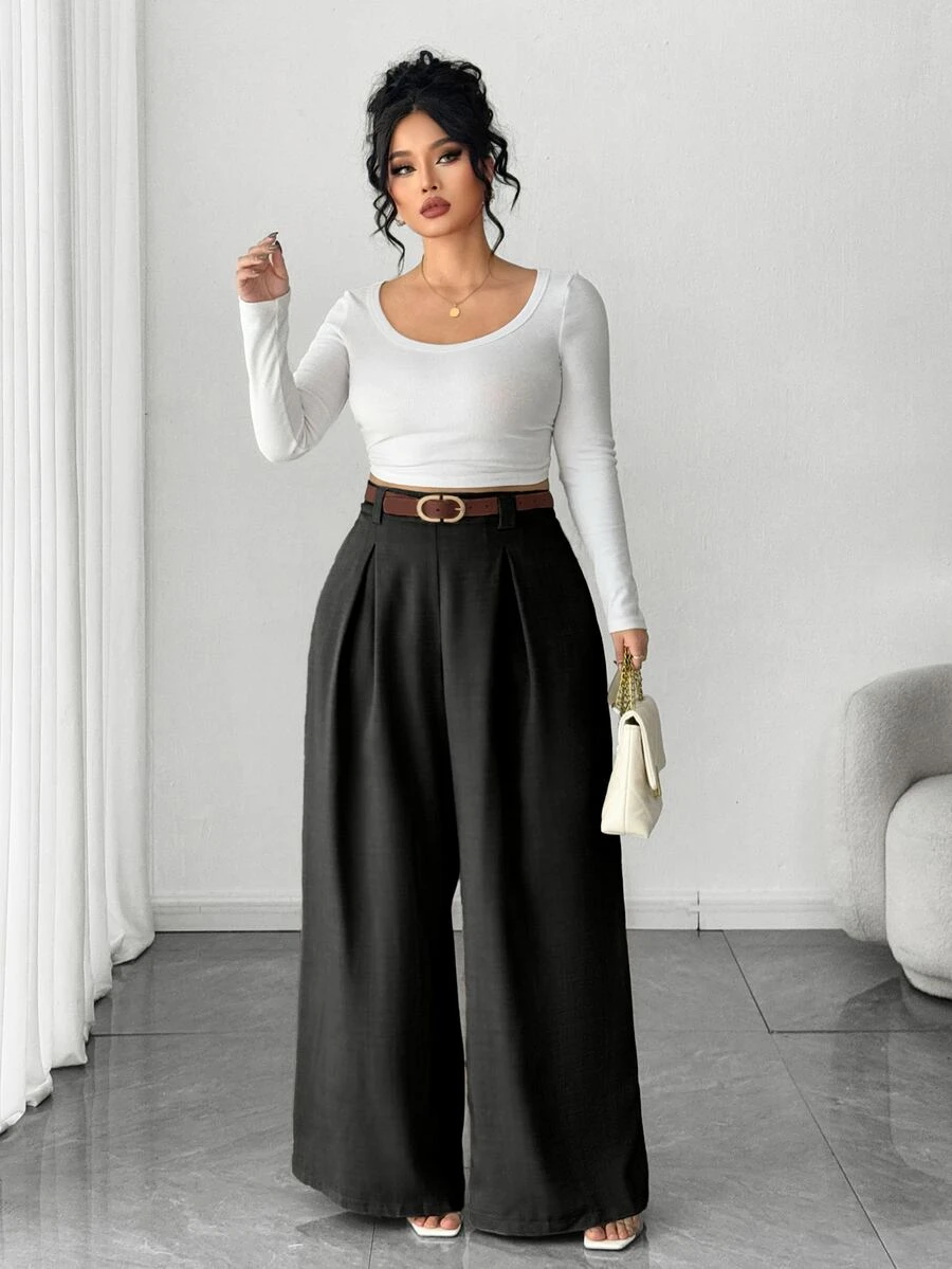 Elenzga Plus Size Women's Wide Leg Pants, Solid Apricot Color, Elegant Style, Fashionable For Commuting And Office Wear Fall - Black - View 1