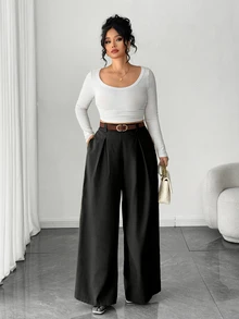Elenzga Plus Size Women's Wide Leg Pants, Solid Apricot Color, Elegant Style, Fashionable For Commuting And Office Wear Fall - Black - View 5