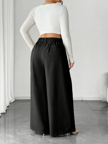 Elenzga Plus Size Women's Wide Leg Pants, Solid Apricot Color, Elegant Style, Fashionable For Commuting And Office Wear Fall - Black - View 2