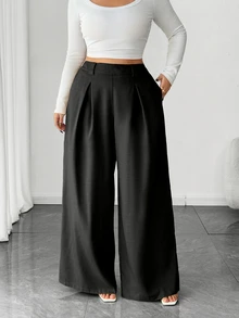 Elenzga Plus Size Women's Wide Leg Pants, Solid Apricot Color, Elegant Style, Fashionable For Commuting And Office Wear Fall - Black - View 3