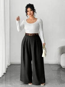 Elenzga Plus Size Women's Wide Leg Pants, Solid Apricot Color, Elegant Style, Fashionable For Commuting And Office Wear Fall - Black - View 7