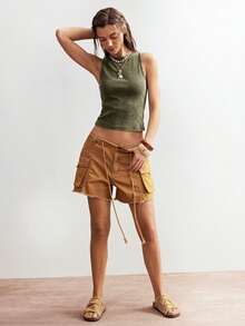 Bohemela Summer BOHO Easter Music Festival Casual Vacation Outing Vacation Olive Green Washed Lace-Up Women's Tank Top - Army Green - View 9