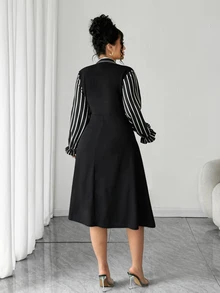 Elenzga 大码女式优雅长袖条纹腰部喇叭形 A 字连衣裙，适合秋冬季外出 - 黑色 - 查看 2