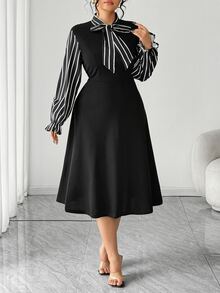 Elenzga 大码女式优雅长袖条纹腰部喇叭形 A 字连衣裙，适合秋冬季外出 - 黑色 - 查看 5