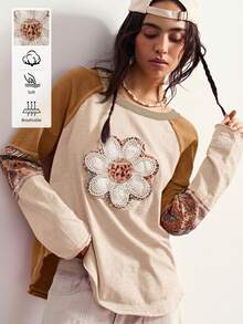 Bohemela Fall/ BOHO Vacation Casual Patchwork Long Sleeve Loose Washed Women Graphic T-Shirt Beige Picnic - Apricot - View 2