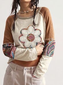 Bohemela Fall/ BOHO Vacation Casual Patchwork Long Sleeve Loose Washed Women Graphic T-Shirt Beige Picnic - Apricot - View 7