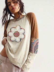 Bohemela Fall/ BOHO Vacation Casual Patchwork Long Sleeve Loose Washed Women Graphic T-Shirt Beige Picnic - Apricot - View 5