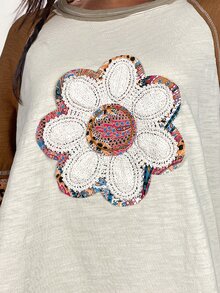 Bohemela Fall/ BOHO Vacation Casual Patchwork Long Sleeve Loose Washed Women Graphic T-Shirt Beige Picnic - Apricot - View 3