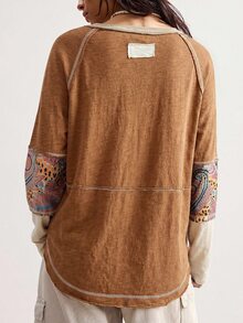 Bohemela Fall/ BOHO Vacation Casual Patchwork Long Sleeve Loose Washed Women Graphic T-Shirt Beige Picnic - Apricot - View 8