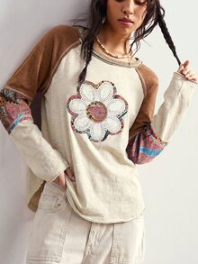 Bohemela Fall/ BOHO Vacation Casual Patchwork Long Sleeve Loose Washed Women Graphic T-Shirt Beige Picnic - Apricot - View 6