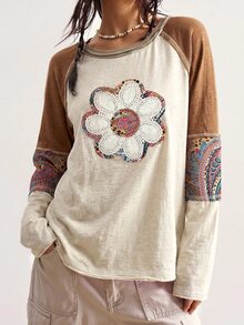 Bohemela Fall/ BOHO Vacation Casual Patchwork Long Sleeve Loose Washed Women Graphic T-Shirt Beige Picnic - Apricot - View 4