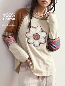 Bohemela Fall/ BOHO Vacation Casual Patchwork Long Sleeve Loose Washed Women Graphic T-Shirt Beige Picnic - Apricot - View 1