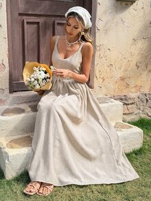 Strévra Elegant V-Neck Waist Cinched Midi Dress, Suitable For Summer Vacation, Birthday Party, Prom, Easter, White Sundress - Beige - View 6