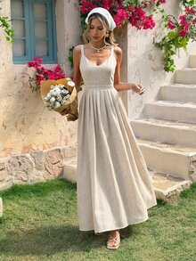 Strévra Elegant V-Neck Waist Cinched Midi Dress, Suitable For Summer Vacation, Birthday Party, Prom, Easter, White Sundress - Beige - View 5