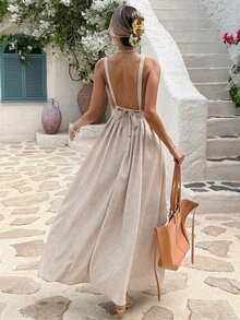 Strévra Elegant V-Neck Waist Cinched Midi Dress, Suitable For Summer Vacation, Birthday Party, Prom, Easter, White Sundress - Beige - View 2