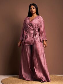 Veslaya Rosa Empoeirado, Outono, Elegante, Conjunto de Top de Manga Longa com Amarração e Calça Pantalona para Mulheres Plus Size, Conjunto de Calça Casual Solta Combinando - Marrom - Visão 3