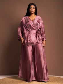 Veslaya Rosa Empoeirado, Outono, Elegante, Conjunto de Top de Manga Longa com Amarração e Calça Pantalona para Mulheres Plus Size, Conjunto de Calça Casual Solta Combinando - Marrom - Visão 4