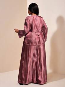 Veslaya Rosa Empoeirado, Outono, Elegante, Conjunto de Top de Manga Longa com Amarração e Calça Pantalona para Mulheres Plus Size, Conjunto de Calça Casual Solta Combinando - Marrom - Visão 2