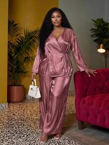 Veslaya Rosa Empoeirado, Outono, Elegante, Conjunto de Top de Manga Longa com Amarração e Calça Pantalona para Mulheres Plus Size, Conjunto de Calça Casual Solta Combinando - Marrom - Visão 1