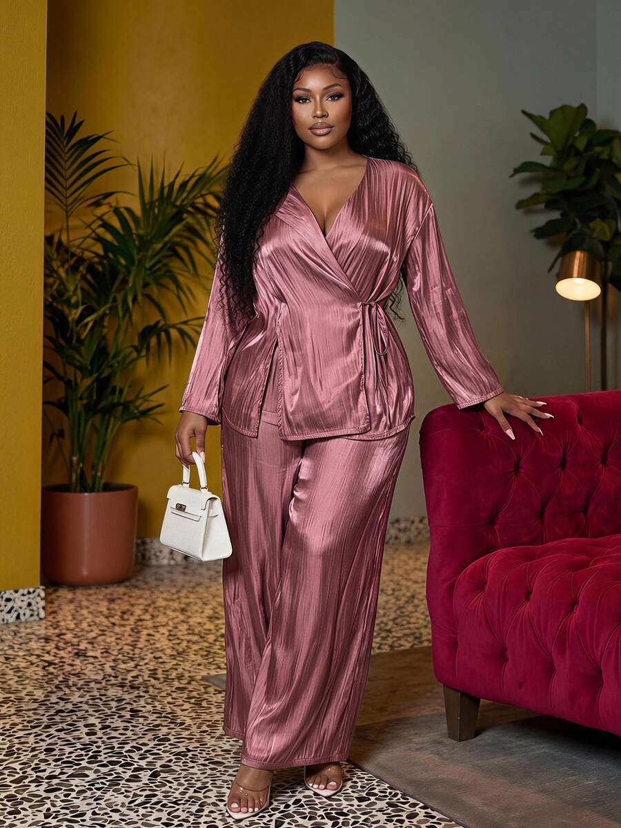 Veslaya Rosa Empoeirado, Outono, Elegante, Conjunto de Top de Manga Longa com Amarração e Calça Pantalona para Mulheres Plus Size, Conjunto de Calça Casual Solta Combinando - Marrom - Visão 1
