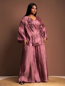 Veslaya Rosa Empoeirado, Outono, Elegante, Conjunto de Top de Manga Longa com Amarração e Calça Pantalona para Mulheres Plus Size, Conjunto de Calça Casual Solta Combinando - Marrom - Visão 5