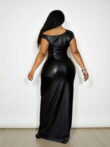 Veslaya Plus Size One-Shoulder Bodycon PU Black Maxi Dress,Winter Elegant Formal Evening Night Out Club Faux Leather Strapless Midi Dress For Ladies Fall - Black - View 3