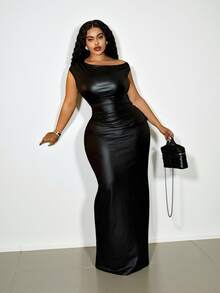 Veslaya Plus Size One-Shoulder Bodycon PU Black Maxi Dress,Winter Elegant Formal Evening Night Out Club Faux Leather Strapless Midi Dress For Ladies Fall - Black - View 5