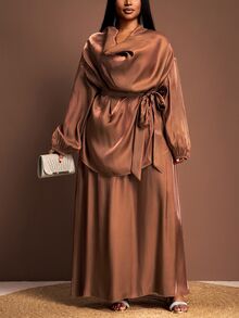 Veslaya Chocolate Brown Autumn Elegant Modest Formal Women Plus Size 2-Piece Set,Glossy Fabric Plunging Neckline Drawstring Shirt&Loose A-Line Maxi Dress Set - Brown - View 8
