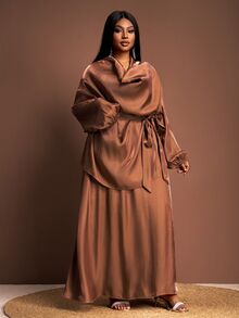 Veslaya Chocolate Brown Autumn Elegant Modest Formal Women Plus Size 2-Piece Set,Glossy Fabric Plunging Neckline Drawstring Shirt&Loose A-Line Maxi Dress Set - Brown - View 4