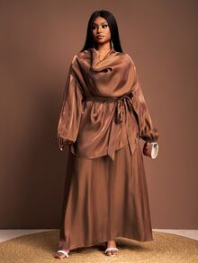 Veslaya Chocolate Brown Autumn Elegant Modest Formal Women Plus Size 2-Piece Set,Glossy Fabric Plunging Neckline Drawstring Shirt&Loose A-Line Maxi Dress Set - Brown - View 6
