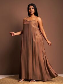 Veslaya Chocolate Brown Autumn Elegant Modest Formal Women Plus Size 2-Piece Set,Glossy Fabric Plunging Neckline Drawstring Shirt&Loose A-Line Maxi Dress Set - Brown - View 3