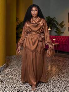 Veslaya Chocolate Brown Autumn Elegant Modest Formal Women Plus Size 2-Piece Set,Glossy Fabric Plunging Neckline Drawstring Shirt&Loose A-Line Maxi Dress Set - Brown - View 1