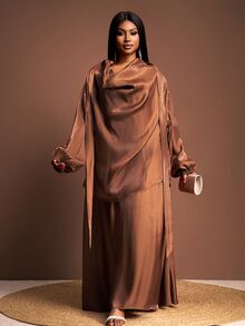 Veslaya Chocolate Brown Autumn Elegant Modest Formal Women Plus Size 2-Piece Set,Glossy Fabric Plunging Neckline Drawstring Shirt&Loose A-Line Maxi Dress Set - Brown - View 7