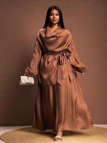 Veslaya Chocolate Brown Autumn Elegant Modest Formal Women Plus Size 2-Piece Set,Glossy Fabric Plunging Neckline Drawstring Shirt&Loose A-Line Maxi Dress Set - Brown - View 5