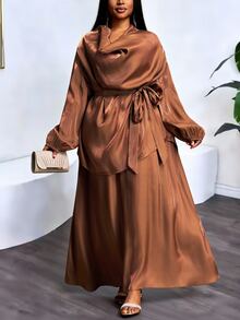 Veslaya Chocolate Brown Autumn Elegant Modest Formal Women Plus Size 2-Piece Set,Glossy Fabric Plunging Neckline Drawstring Shirt&Loose A-Line Maxi Dress Set - Brown - View 9
