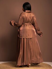 Veslaya Chocolate Brown Autumn Elegant Modest Formal Women Plus Size 2-Piece Set,Glossy Fabric Plunging Neckline Drawstring Shirt&Loose A-Line Maxi Dress Set - Brown - View 2
