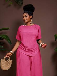 Veslaya Pastel Pink Summer Smart Casual Simple Normal Vacation Elegant 2 Pieces Set For Plus Size Women Crinkle Fabric Pointed Hem Top Wide Leg Pants Outfit - Hot Pink - View 6