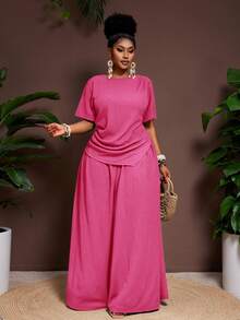 Veslaya Pastel Pink Summer Smart Casual Simple Normal Vacation Elegant 2 Pieces Set For Plus Size Women Crinkle Fabric Pointed Hem Top Wide Leg Pants Outfit - Hot Pink - View 4
