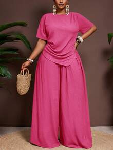 Veslaya Pastel Pink Summer Smart Casual Simple Normal Vacation Elegant 2 Pieces Set For Plus Size Women Crinkle Fabric Pointed Hem Top Wide Leg Pants Outfit - Hot Pink - View 8